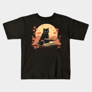 Japanese Floral Black Cat And Book Catshirt Kids T-Shirt